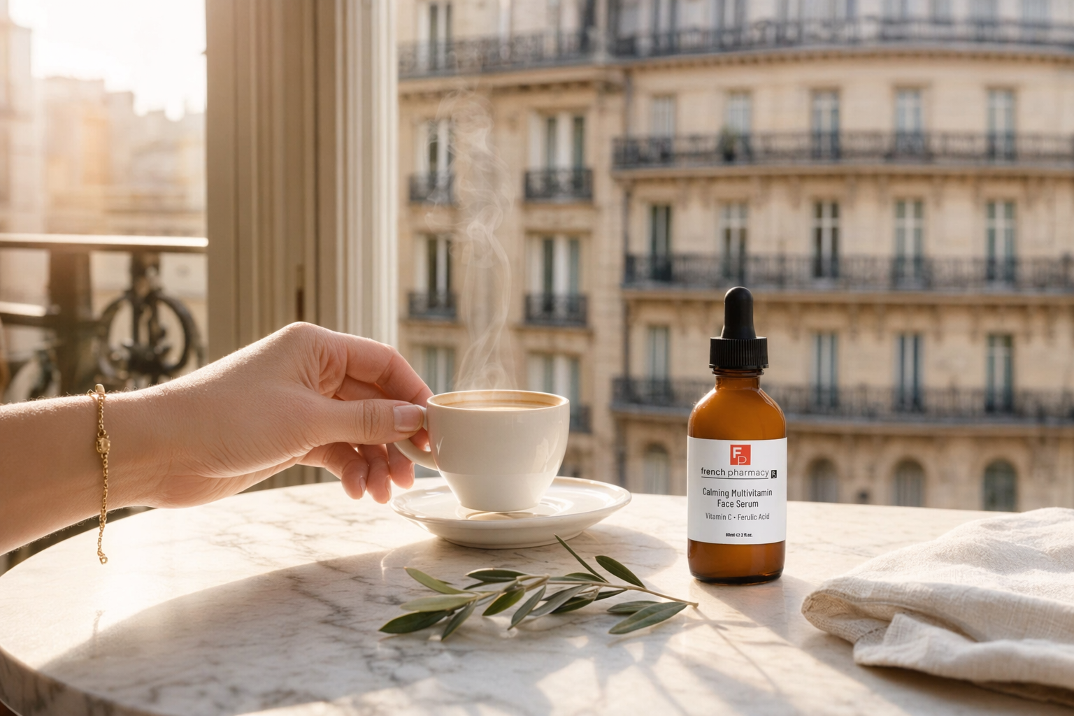 Parisian morning with espresso cup and French Pharmacy Calming Multivitamin Serum on a marble counter