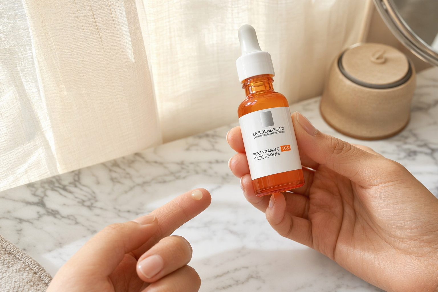 Woman’s hand dispensing a drop from La Roche-Posay Pure Vitamin C Face Serum onto fingertip at sunlit marble vanity