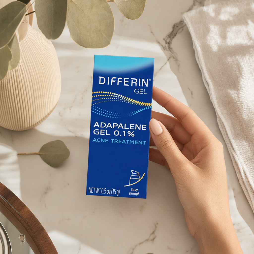 Differin Acne Treatment Gel with 0.1% Adapalene Retinoid for Acne-Prone Sensitive Skin in use